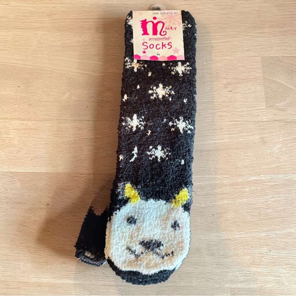 Minky Cozy Novelty‎ Fuzzy Socks - Black with White & Yellow Accent